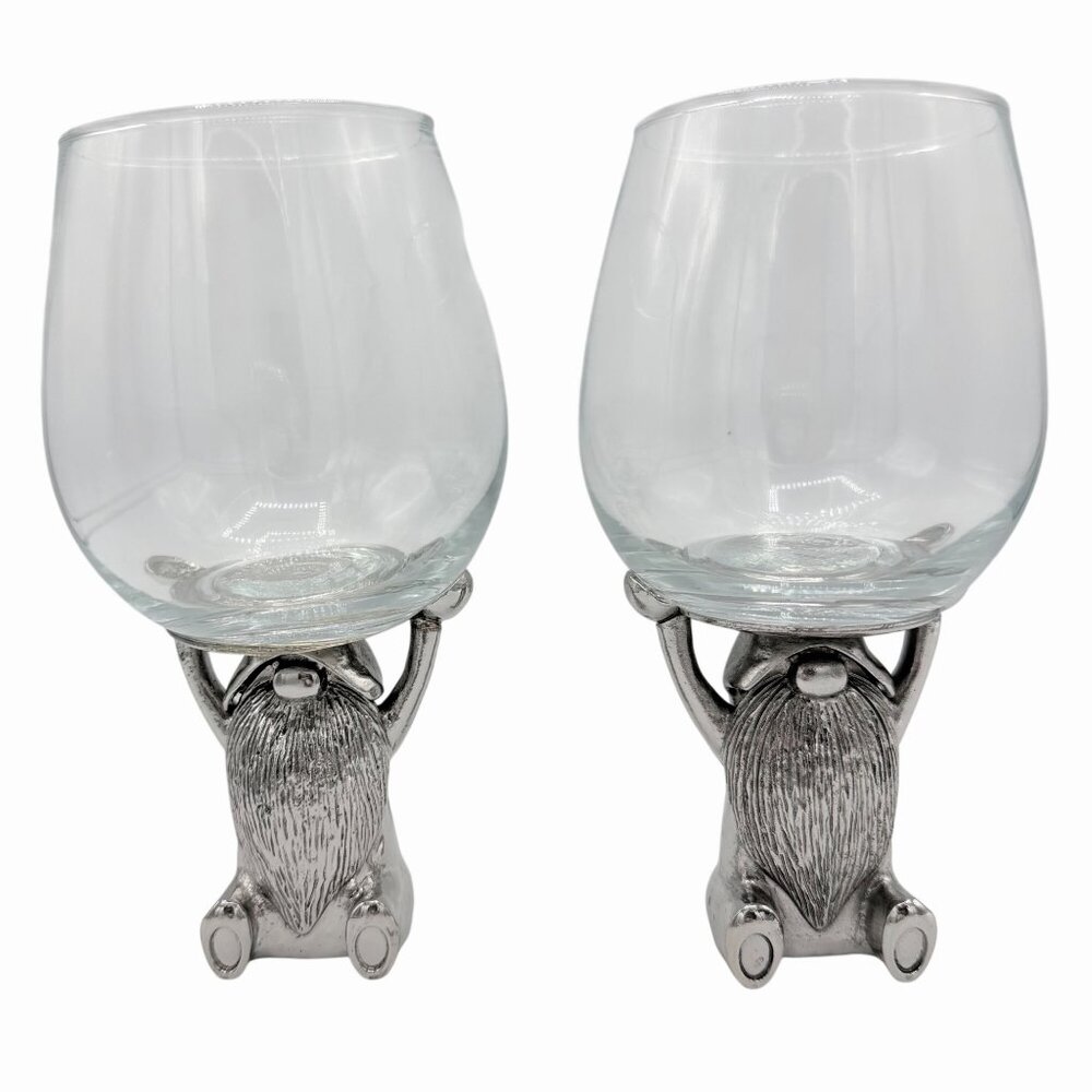 NWT ADORABLE SET OF 2 SILVER METAL GNOME BASE WINE GLASSES - TMD HOLDINGS